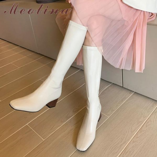 

boots meotina knee high women shoes square toe heel fashion zipper chunky heels long female autumn winter black