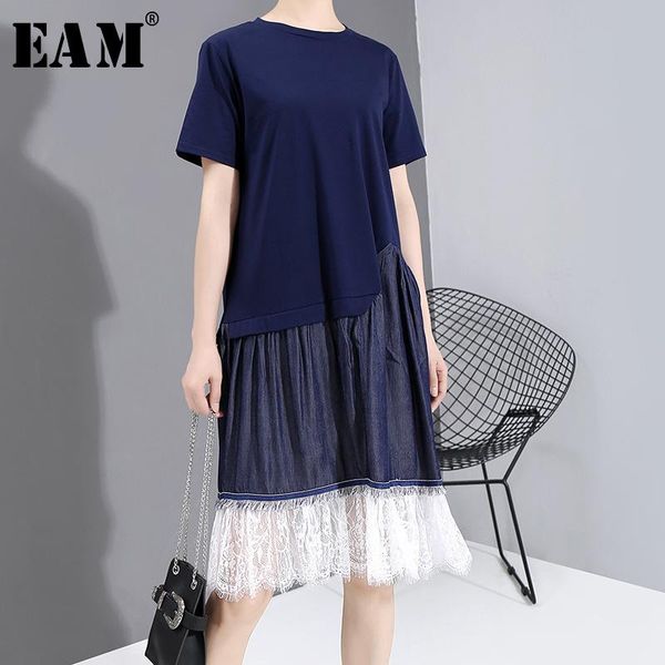 

eam] women blue lace denim pleated midi dress new round neck short sleeve loose fit fashion tide spring summer 2020 1w730, Black;gray