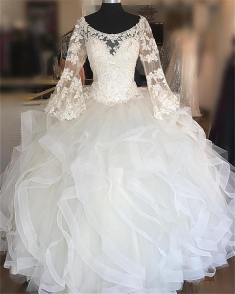 

2020 new lace long sleeves organza ruffles ball gown wedding dresses with appliques beaded plus size bridal gowns, White