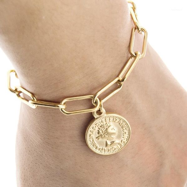 

silver color/golden stainless steel coin charm bracelet for women metal lock padlock chain bracelet heavy femme acier inoxydable1, Golden;silver
