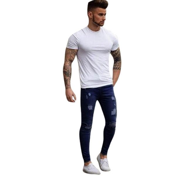 

ripped jeans men's jeans men's stretchy hole ripped skinny biker casual destroyed taped slim fit denim pants for men male, Blue