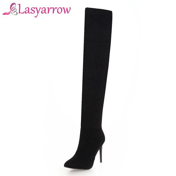

boots lasyarrow autumn winter thigh high heels zipper botas mujer solid black slim stilettos women's shoes