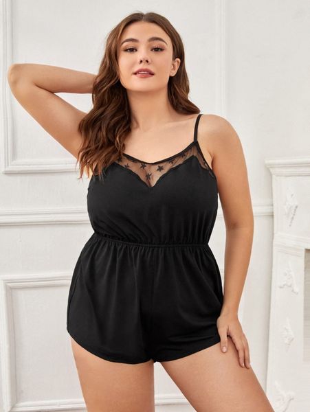 

plus mesh insert cami sleep romper j6jv#, Black;white
