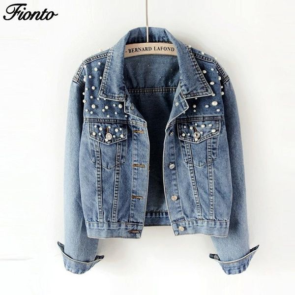 

fionto plus size pearl beading short denim jackets women white wash long sleeve vintage casual jean jacket bomber coat ca2320/51, Black;brown