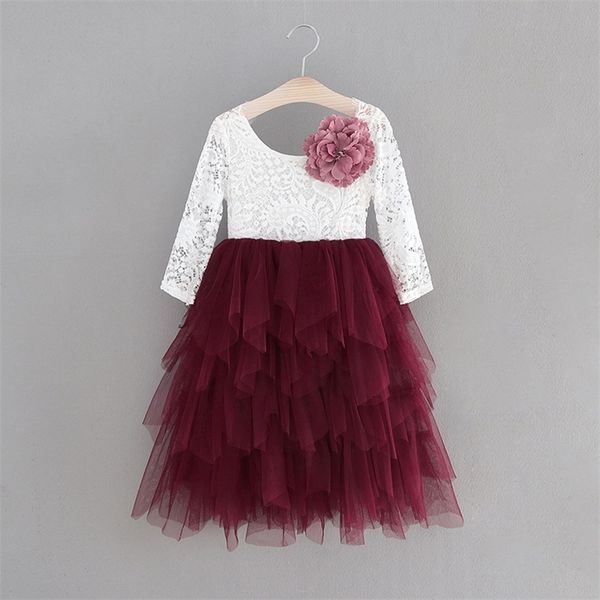 

girls lace dress long sleeve pearl applique tiered tulle gauze long party princess dress children clothing 1-10y e15169 t200709, Red;yellow