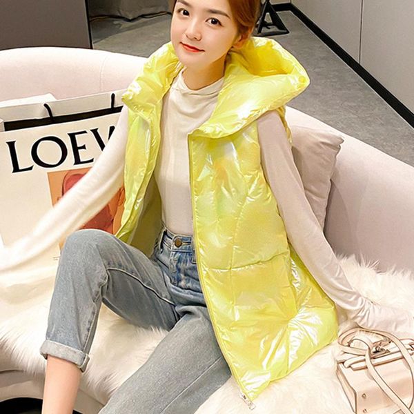 

2020 new women shiny hooded vest jacket autumn winter casual padded warm waterproof sleeveless waistcoat jacket for women, Black;white