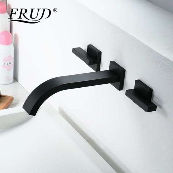 

frud black square simplicity basin faucet matte double handle wall mounted bathroom sink brass faucet & cold water y10165-1