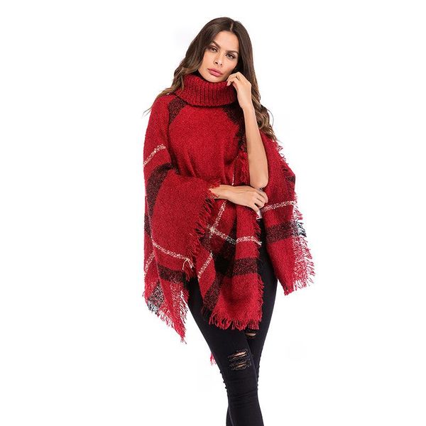 

elegant autumn turtleneck knit sweater women winter printed striped cloak tassel full batwing sleeve loose irregular pullovers, White;black
