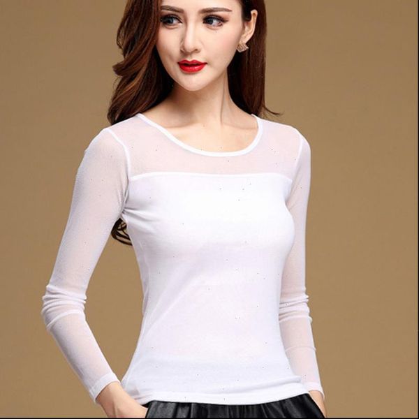 

women mesh spring autumn fashion casual stretch long sleeve blouse shirt elegant for women blusas new arrivals, White