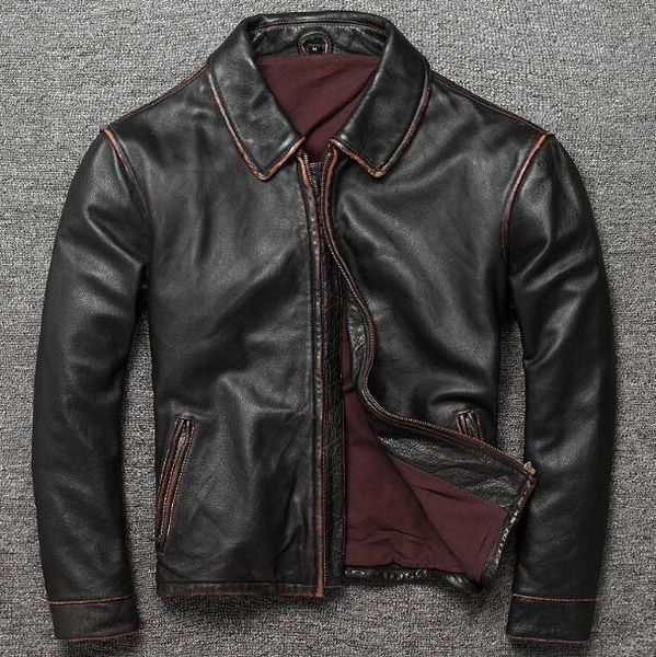 

winter men's motorcycle pilot bomber basic genuine jacket for men vintage retro punk cow leather coat male biker clothes, Black