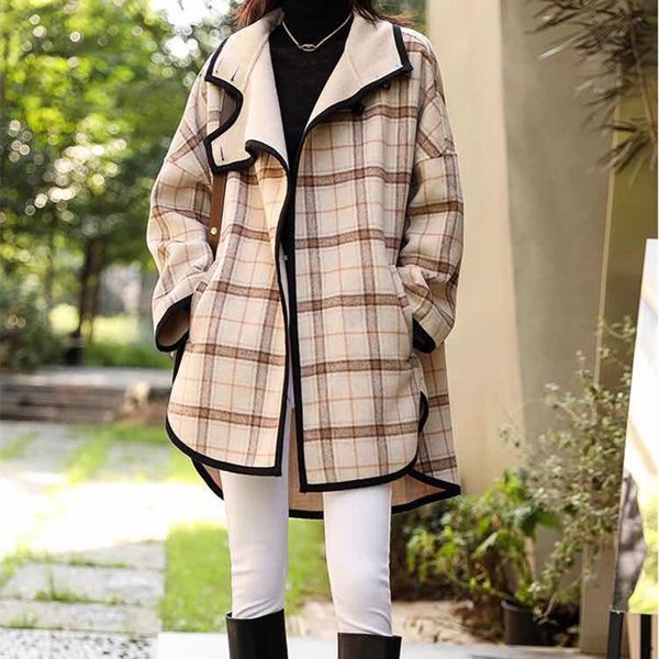 

2020 autumn and winter new korean coat loose, wild and thin, pure wool hand-sewn mid-length double-sided woolen plaid coat jacket, Black