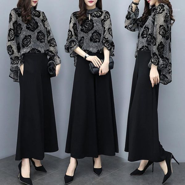

womens summer 2 piece sets floral print flare sleeve long + plus size black pants suit elegant women vintage sets1, White