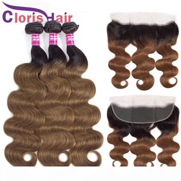 

colored auburn body wave ombre weave 3 bundles with closure raw virgin indian human hair lace frontal with bundles t1b 30 blonde extensions, Black;brown