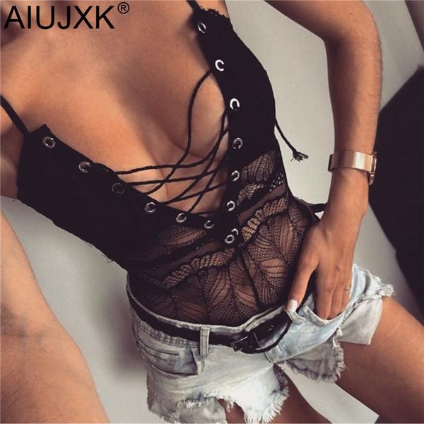 

aiujxk 2021 lace hollow out bandage bodysuit women summer spaghetti strap bodycon club one piece woman costumes, Black;white