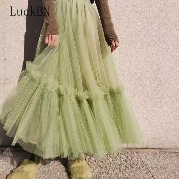 

2020 autumn winter vintage tulle skirt women elastic high waist mesh skirts long pleated tutu skirt female jupe longue1, Black