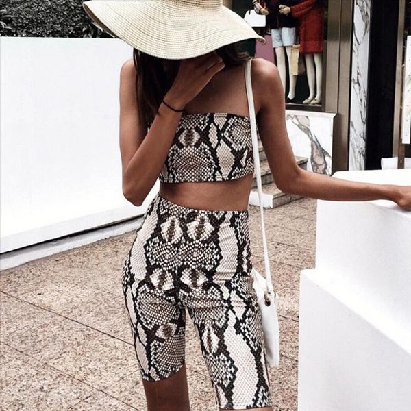 

2pcs set new fashion women snake wrapped chest crop high wait shorts summer set outfits sale, Gray