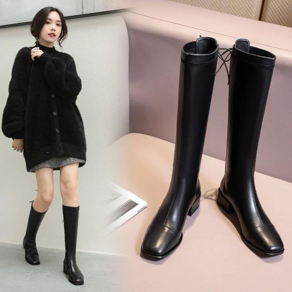 

boots genuine leather slim long shoes woman patchwork zipper square toe thick heel knee high boot 2021 winter party basic, Black