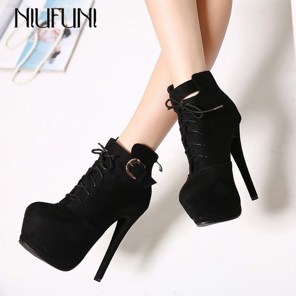 

niufuni women's platform winter boots cross tied flock leather shoes women 15cm thin high heel boots fashion autumn botas mujer t200425, Black