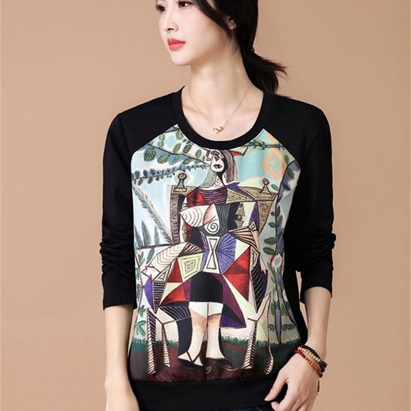 

the autumn of the new round collar female long sleeve t-shirt printed loose black shirt 201029, White