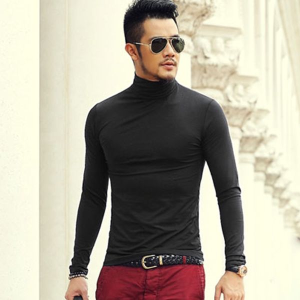 

2021 the new autumn and spring new men's clothes solid colour thin bottom lycra drawing cotton long sleeves of high shirt 5fla, White;black