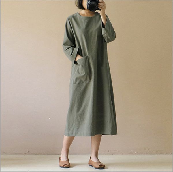 

2021 new vintage female in medium solid length neck-pocket cotton and mid-calf linen plus size loose the line dressed as spring fall yo6c, Black;gray