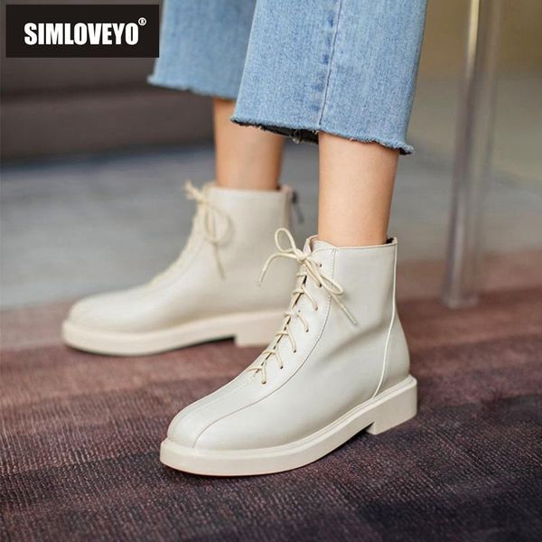 

simloveyo ladies ankle boots round toe 3cm flat designer sewing cross strap zip big size 32-43 autumn winter beige mujer b2171, Black