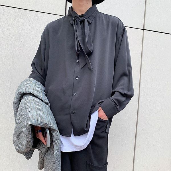 

men's casual shirts spring tie dress shirt fashion solid color business men streetwear korean loose long sleeve mens -2xl, White;black