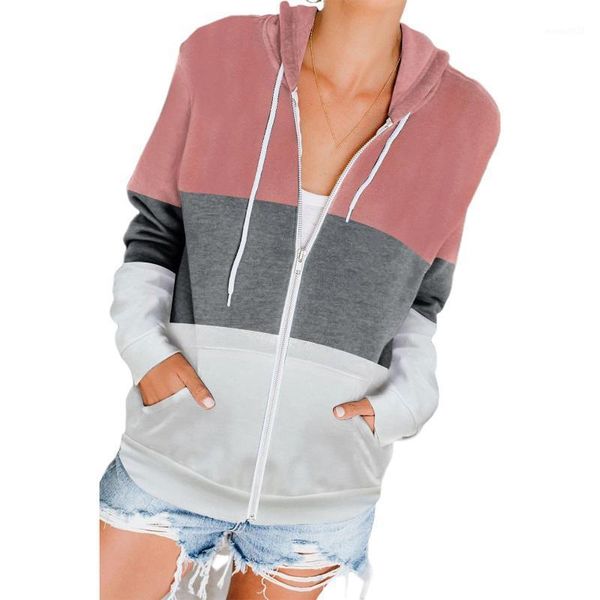 

women's jackets 2021 hoodies women autumn winter long sleeve color block hoodie sweatshirt pockets zip coat outerwear sudaderas para mu, Black;brown