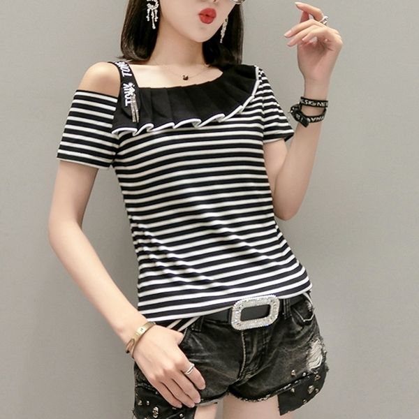 

summer fashion slash neck ruffles t-shirt women cotton off shoulder korean clothes shirt ropa mujer tees t01001 t200614, White