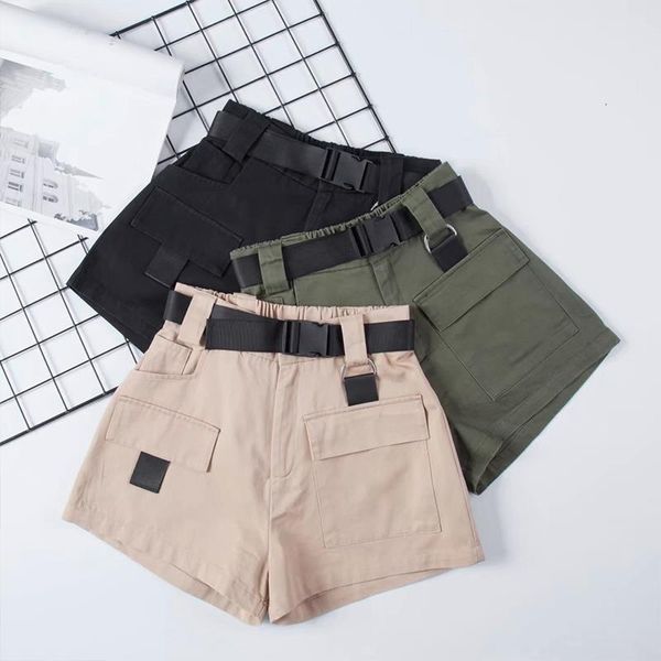 

high waist wide leg cargo women's shorts vintage sashes solid khaki pocket women shorts 2020 summer fashion new casual clothes, White;black