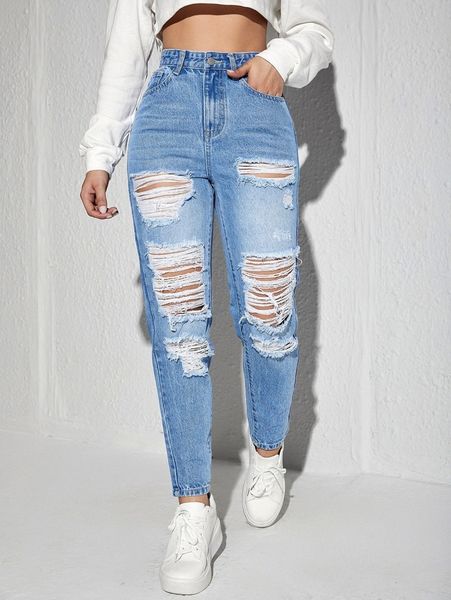 

high waist ripped mom fit jeans q1q9#, Blue