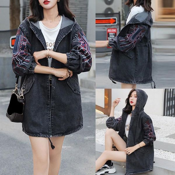

womail 2020 female jeans hoodie embroidery long sleeve jeans blouse color regular outwear denim jacket women long oversize m-5xl, Black;brown
