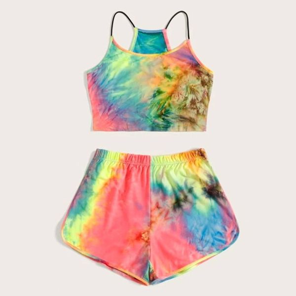 

home&nest summer womens sleeveless strappy tie-dye print cami belt shorts casual sport set women's suit tracksuit, White;black