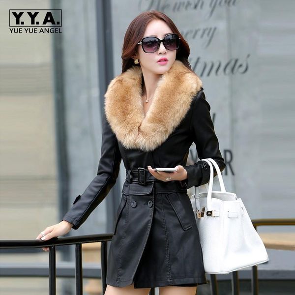 

winter thick warm women pu leather jacket faux fur collar overcoat female belted korean double breasted outwear coat windbreaker, Black