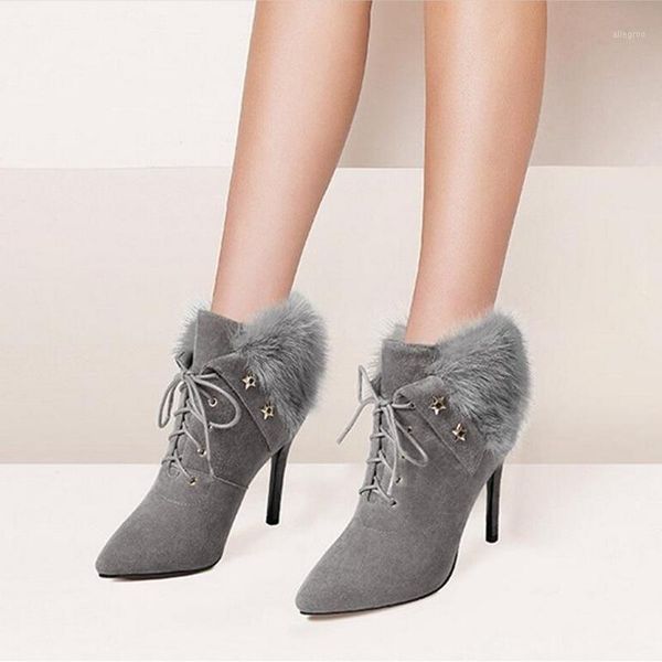 

boots 2021 europea high heeled ankle boots,women nubuck shoes,rivets,pointed toe,thin heel,lace-up,fashion female footware,black,grey1