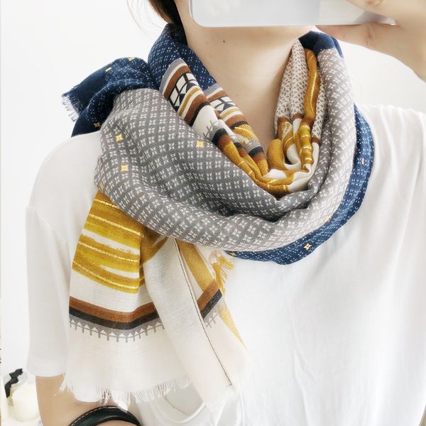 

women autumn winter korean color matching stamping versatile thin silk scarf shawl dual long cotton hemp hand feeling, Blue;gray