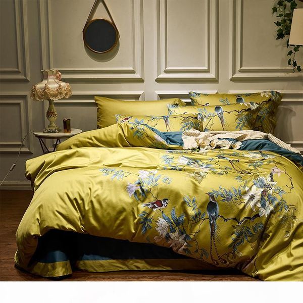 

luxury 100s satin egyptian cotton bird plant flowers digital printing bedding set duvet cover bed linen fitted sheet pillowcases