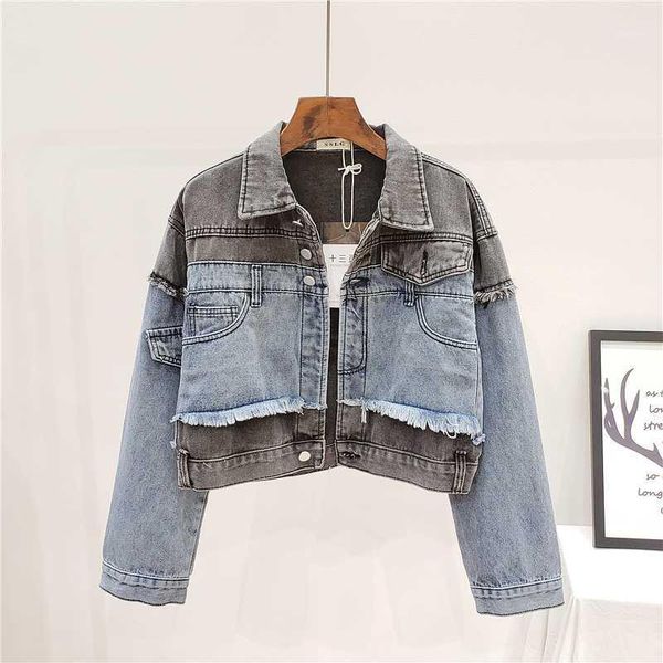 

women's jackets women spring fashion denim splice hit color burr jean jacket high waist loose plus size harajuku chaqueta mujer cropped, Black;brown