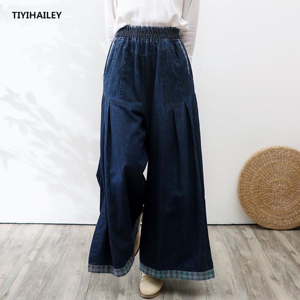 

tiyihailey 2020 new wide leg long pants for women trousers denim jeans elastic waist casual pants with pockets1, Blue