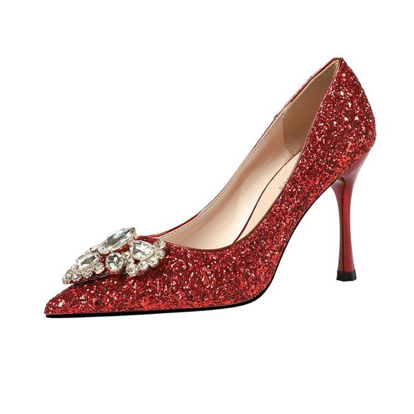 

9.5cm pumps pointed head shallow mouth high heels water drill nightclub thin sequins women's shoes banquet wedding shoes, Black