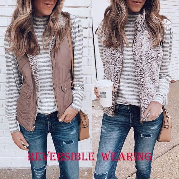 

women winter two-way fluffy reversible windproof sleeveless outwear vest coat thicken warm pockets zipper up waistcoat jacket1, Black;white