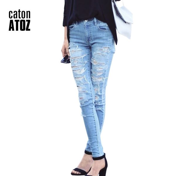 

catonatoz 2074 new women`s distressed mid high waist jeans cotton denim pants stretch womens ripped skinny jeans for female 201030, Blue