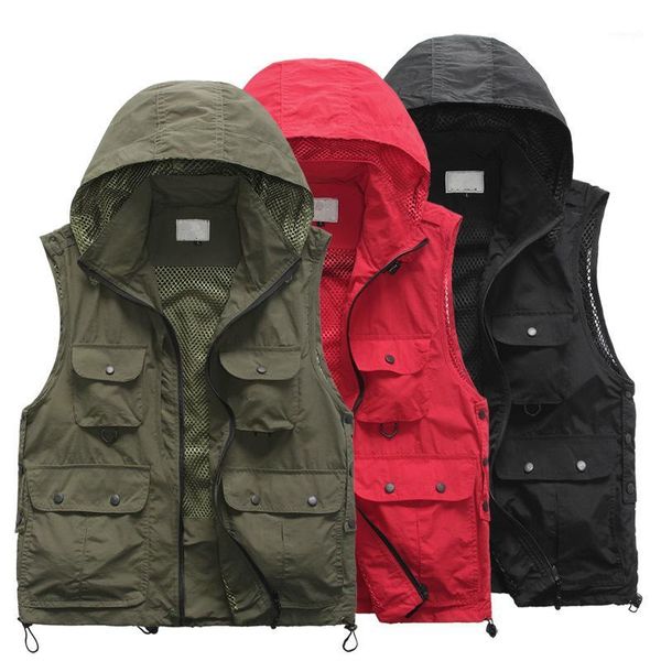 

cycling fishing vest men loose vest green sleeveless jacket summer hooded outdoor multi-tool boys male plus size outerwear1, Black;white