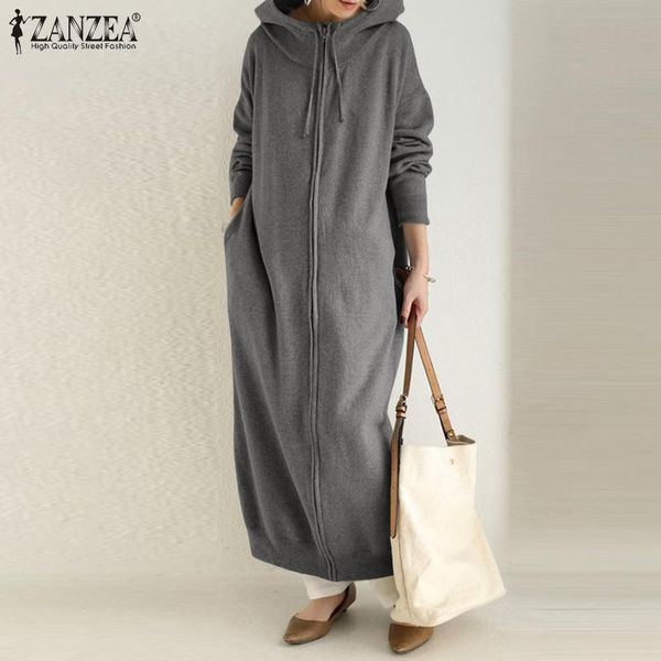 

stylish hooded hoodies coats women's sweatshirts 2020 zanzea casual zipper long sleeve outwears female solid maxi robe oversized, Black