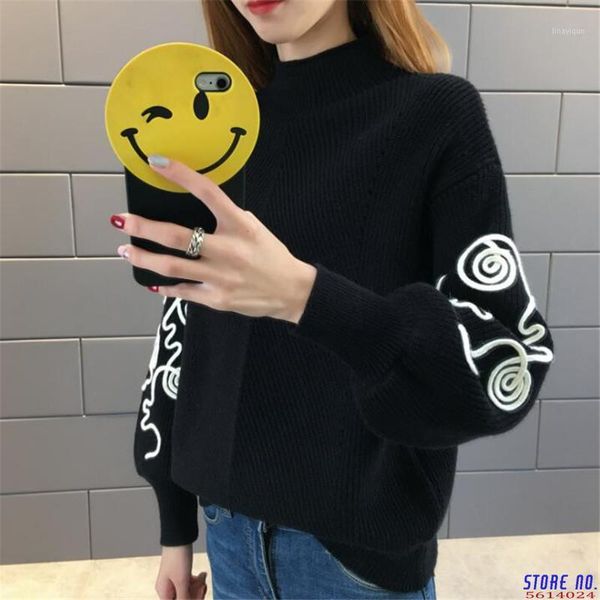 

sweater women korean pull femme hiver jumper crochet puff sleeve pullover sueter mujer turtleneck knitted sweaters 368161, White;black