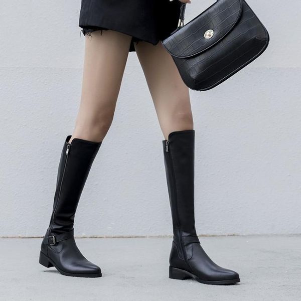 

oversized full-heeled and knee-high buckle decorative zipper boots, Black