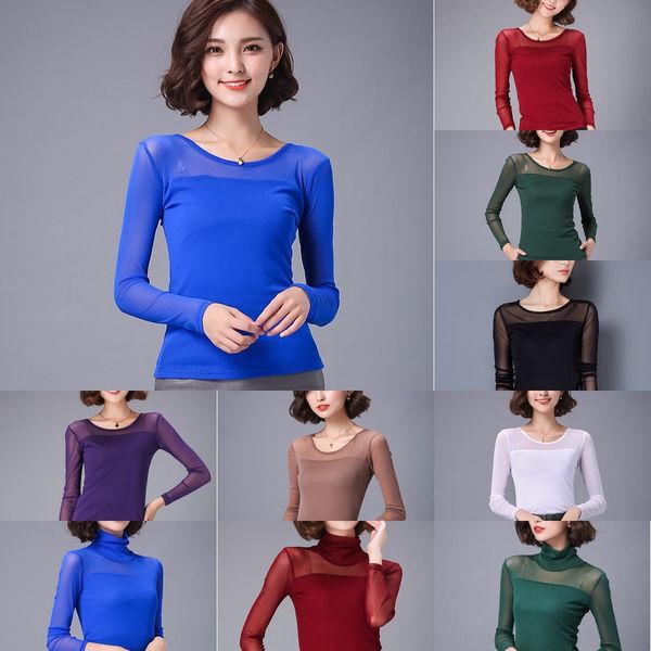 

k982a spring 2020 tnew korean slim fit and long round neck mesh base shirt t-shirt sleeve versatile women for ub61m, White