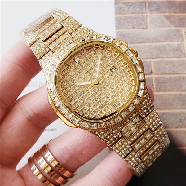 

gift box fashion mens watches diamond wathes iced out designer quartz movement men and lady watcheswatch stainless steel clockgood.good, Slivery;brown