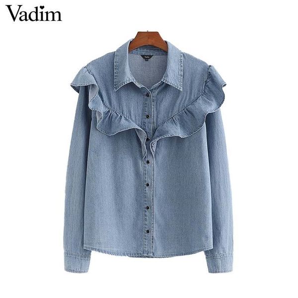 

vadim women chic denim ruffles blouse turn down collar long sleeve shirt female stylish office wear solid blusas lb783 y200422, White