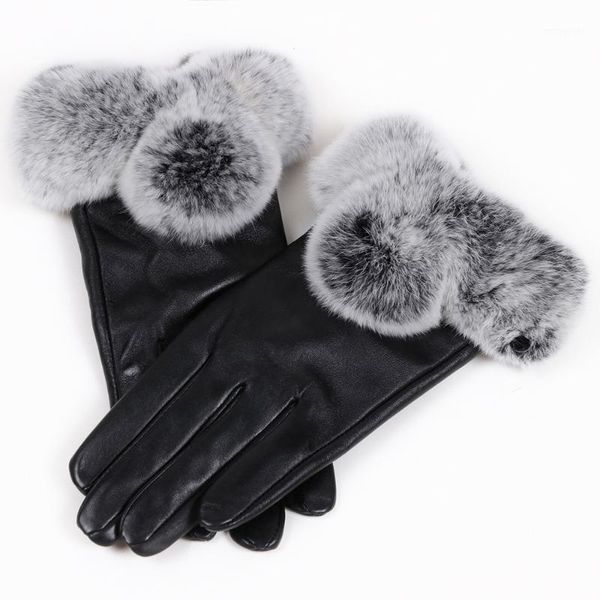 

five fingers gloves quality women genunie leather winter warm ladies fur mittens1, Blue;gray